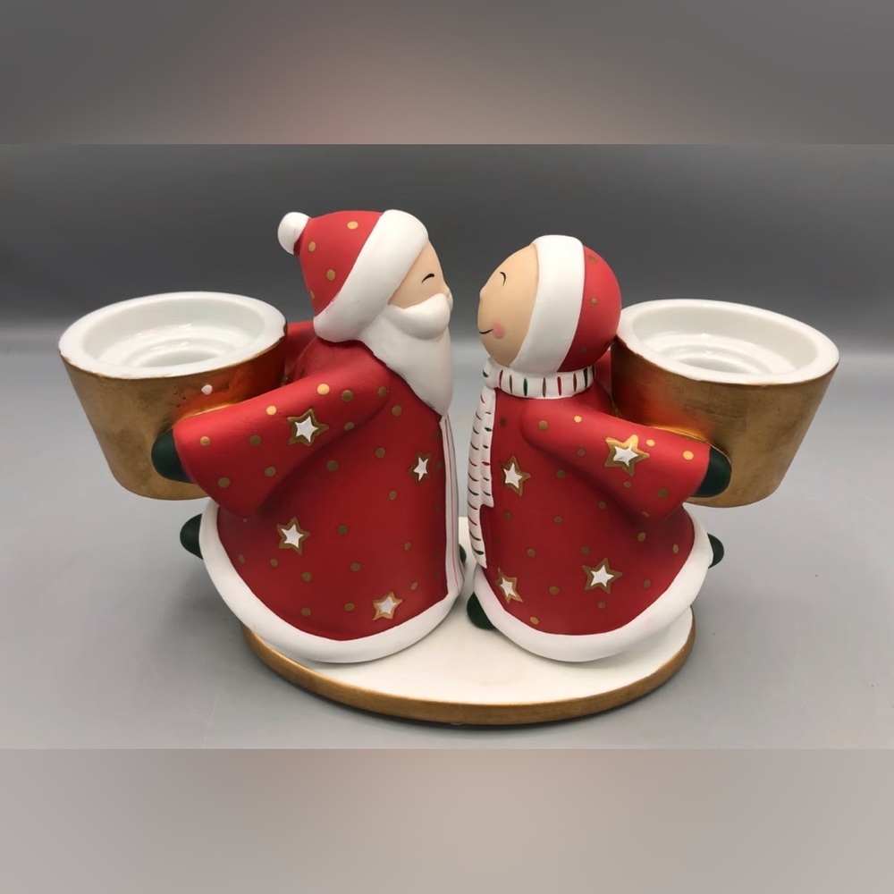 PartyLite Mr & Mrs Santa Claus Kissing Christmas Pillar Candle Holder